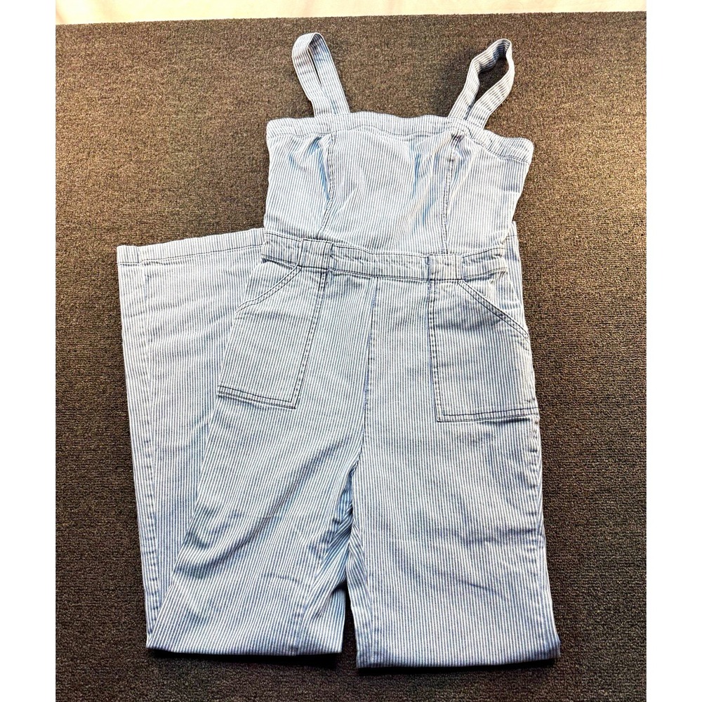 Forever 21 Blue White Striped Denim Wide-Leg Jumpsuit Womens M Pockets